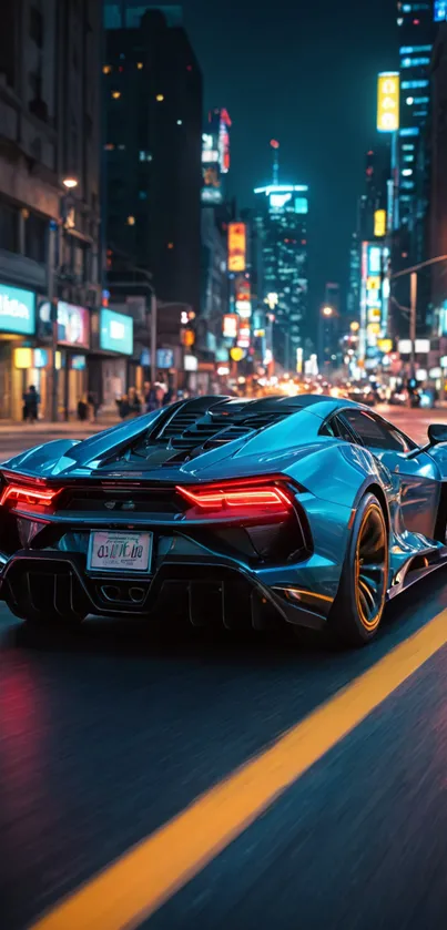 Sleek sports car driving in a city at night with vibrant neon lights.