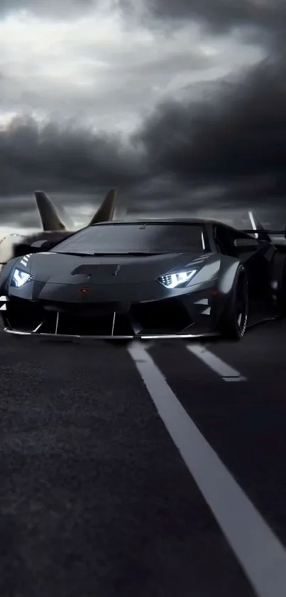 Sleek black sports car under dramatic sky on runway.