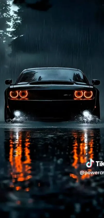 Sleek car in rainy night with reflections and glowing headlights.