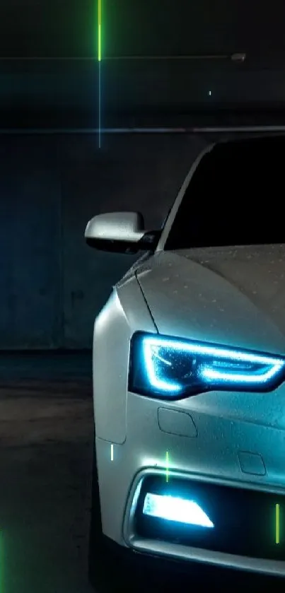 Sleek car with blue headlights at night