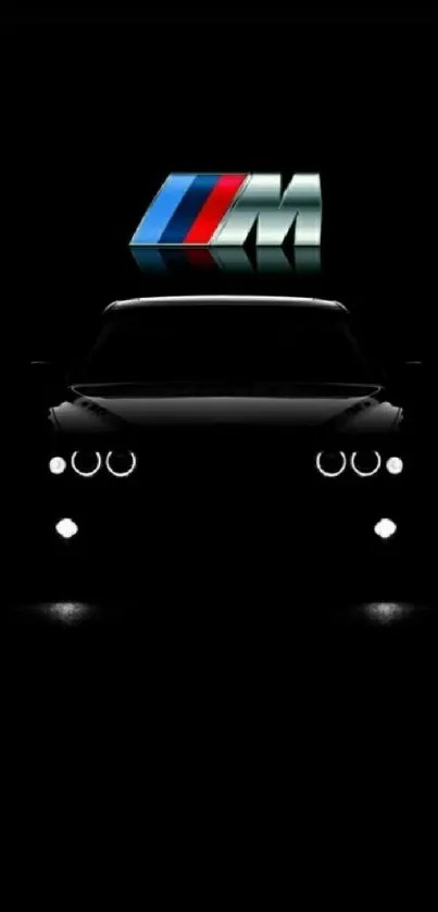 Sleek silhouette of a BMW car with illuminated logo against a dark background.