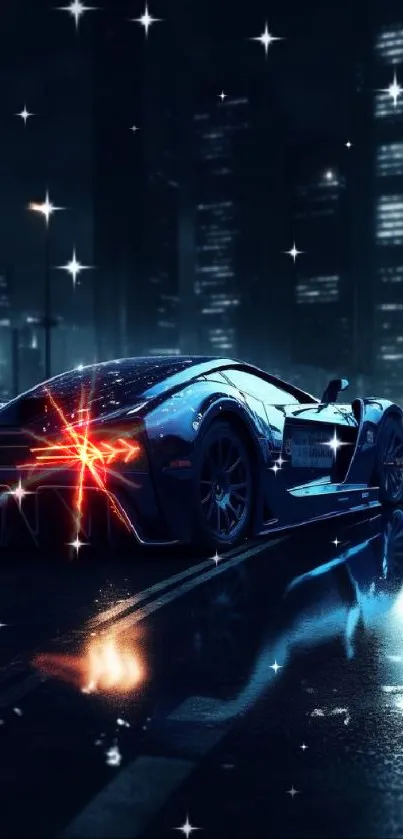 Luxury car with illuminated city backdrop at night.