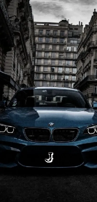 Sleek car in urban cityscape at night.