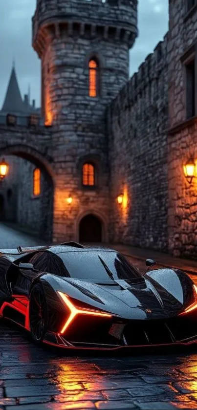 Sleek sports car on cobblestone street near a lit castle wall.
