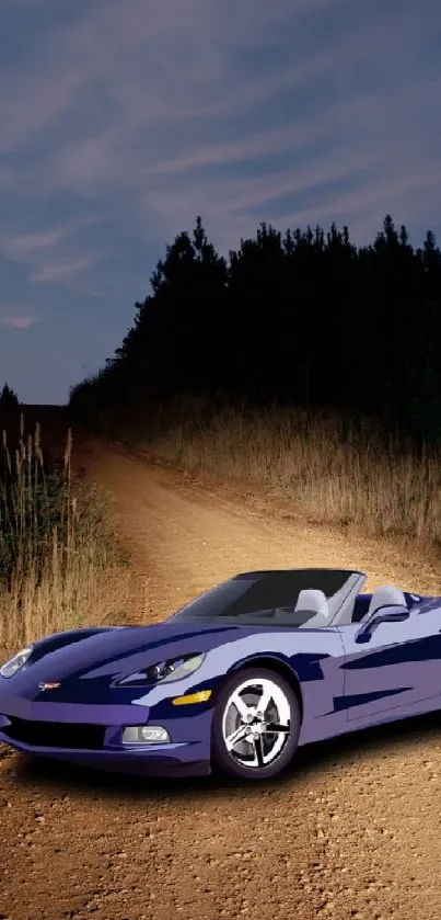 Blue convertible sports car on a country road with scenic nature background.