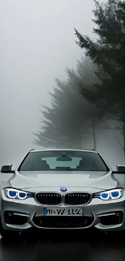 Sleek silver car driving on a foggy road surrounded by trees.