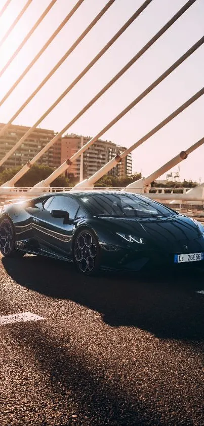 Sleek sports car on a modern bridge at sunset.