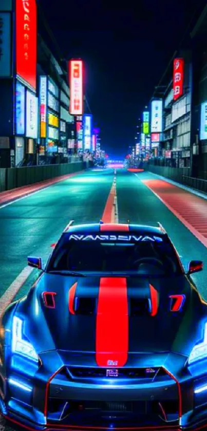 Sleek sports car under neon lights on city street at night.