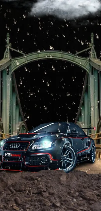 Black sports car on a night bridge with rain effect.