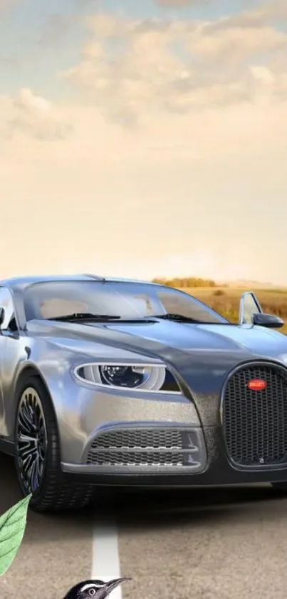 Sleek silver car on open road with sky backdrop.