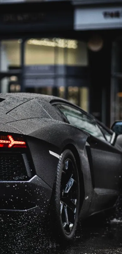 Sleek black car on rainy urban street, showcasing luxury.