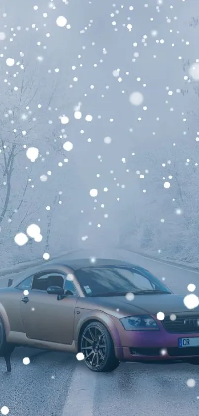 Sleek car on a snow-covered road with falling snowflakes.