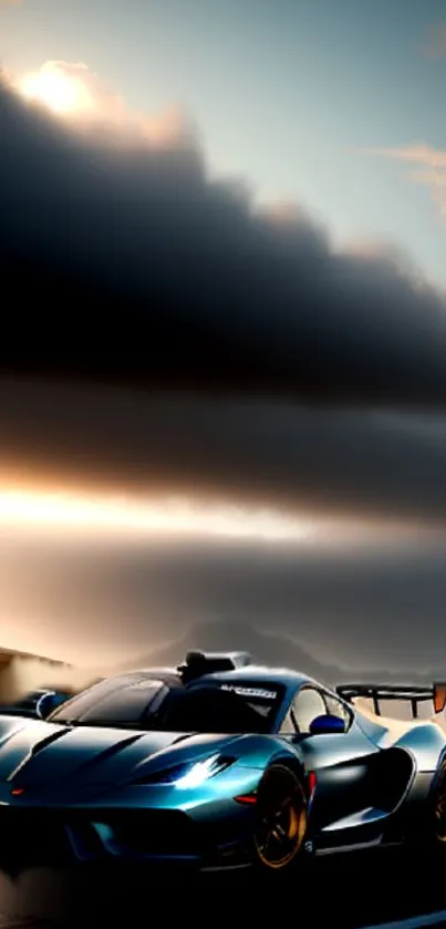 Sleek race car on a track at sunset with dramatic clouds.