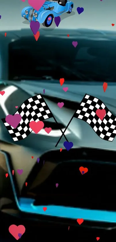 Sleek racing car with hearts and flags.