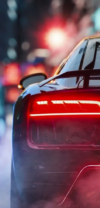 Sleek car rear lights glowing in a vibrant city night scene with dynamic design.