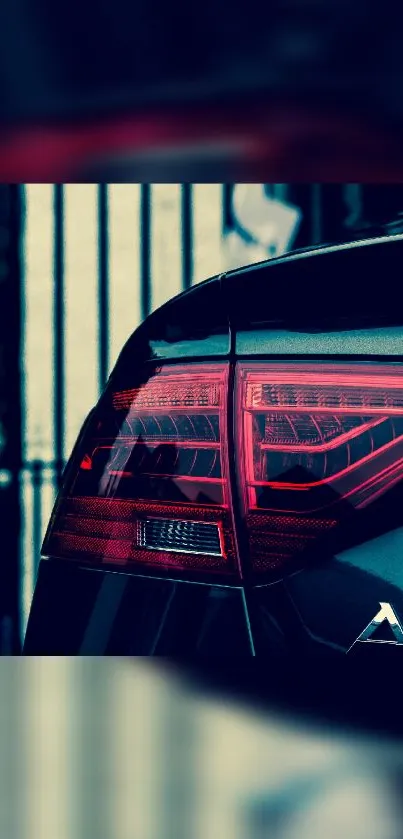 Sleek dark blue car rear with taillight.