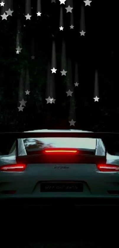 Rearview of a sleek sports car with glowing taillights against a dark background.