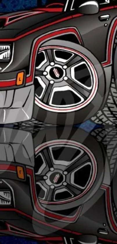 Sleek car illustration with reflection and stylish wheel design on mobile wallpaper.