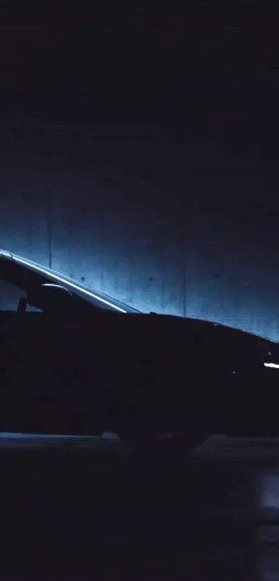 Sleek silhouette of a car with blue backlight on dark background.