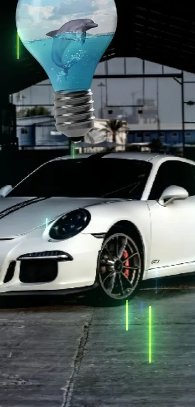 White sports car and dolphin light bulb wallpaper.