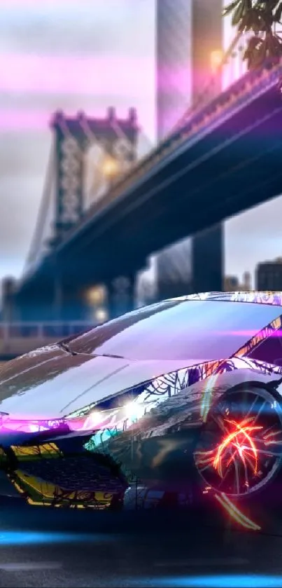 Sleek sports car under a city bridge at dusk.