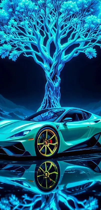 A sleek sports car under a glowing neon blue tree with a reflective surface.