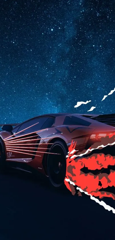 Red sports car races under a star-filled sky, leaving fiery trails.