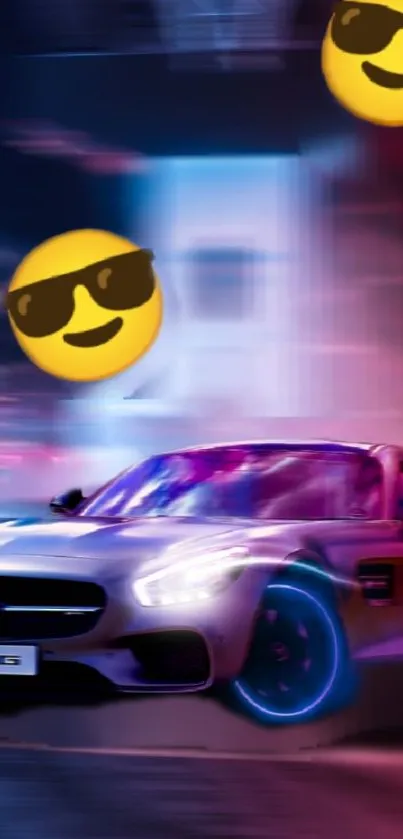 Mobile wallpaper with a sleek sports car and sunglasses emojis.