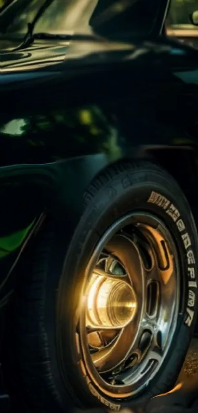 Elegant close-up of a car wheel with sleek design and ambient light.