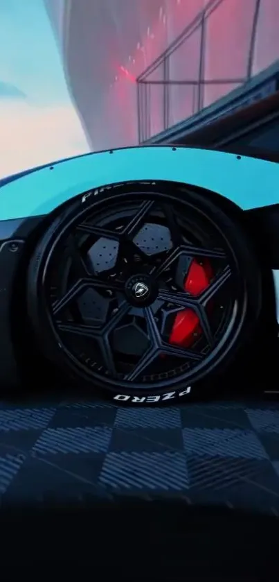 Futuristic car wheel close-up with vibrant colors.