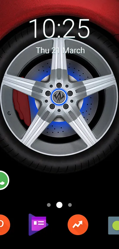 Sleek car wheel wallpaper with red accents and five-spoke design.