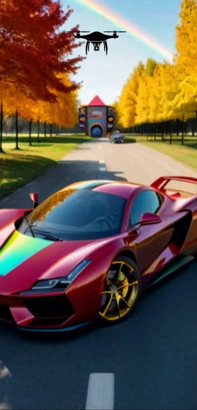 Sleek red sports car on autumn road with drone and rainbow.