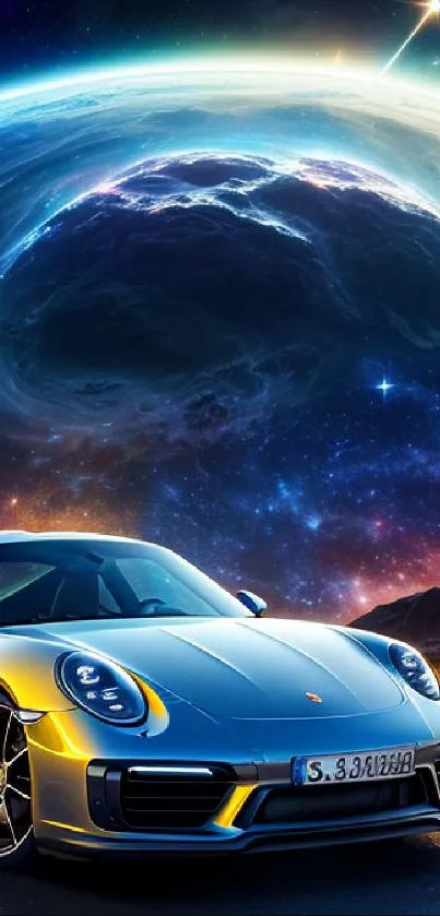 Sleek sports car on a road under a vibrant cosmic sky.