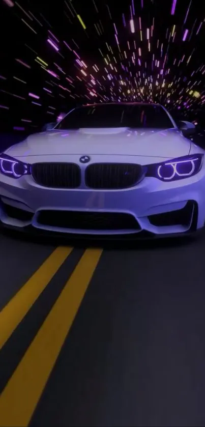 Sleek car with dynamic lights on road.