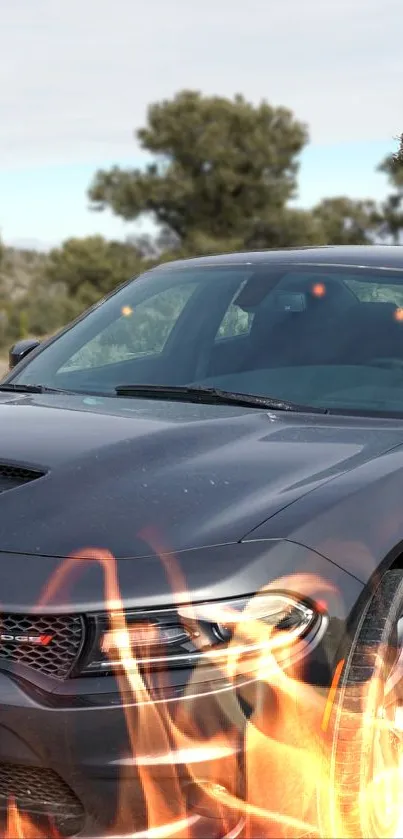 Sleek black car with fiery flames on display.