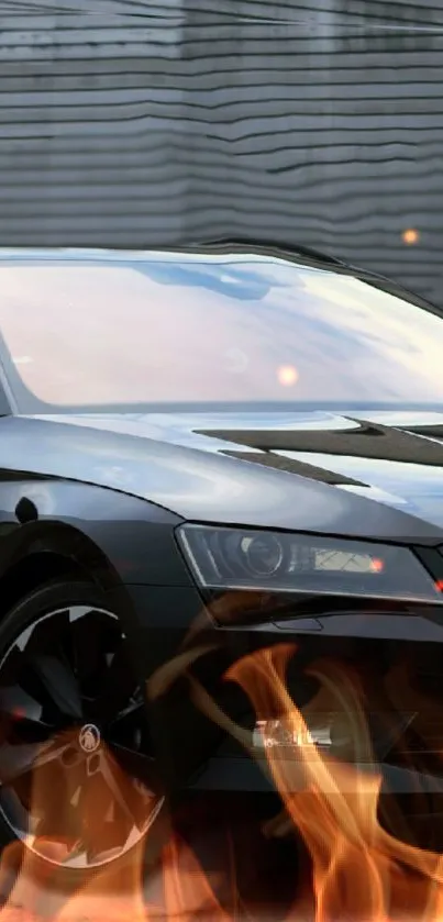 Sleek black car with flames in urban setting.