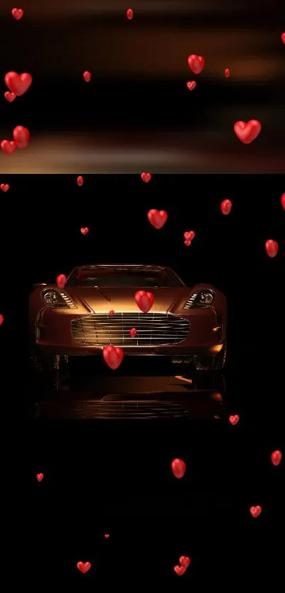 A luxury car surrounded by floating red hearts on a black background.