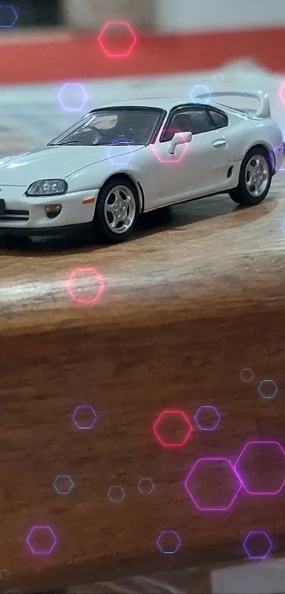 Mobile wallpaper of a sleek car with neon hexagon effects.