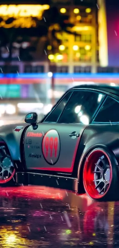 Sleek black car with neon lights under a rainy city night sky.