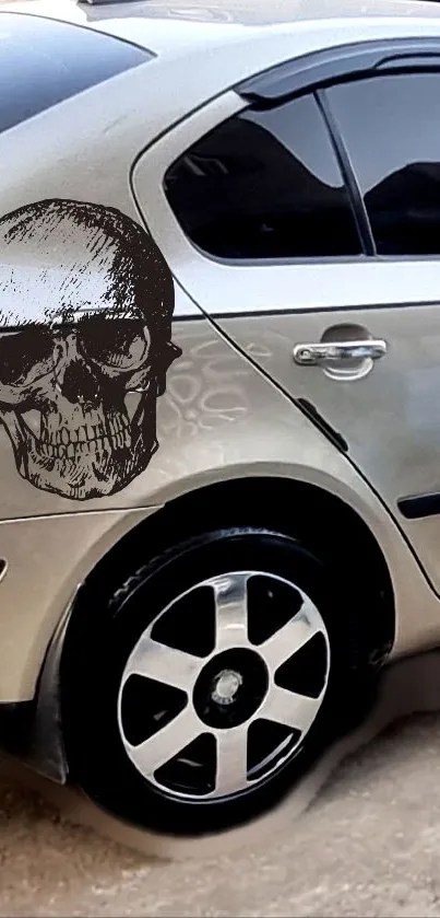 Sleek silver car adorned with a detailed skull graphic design.