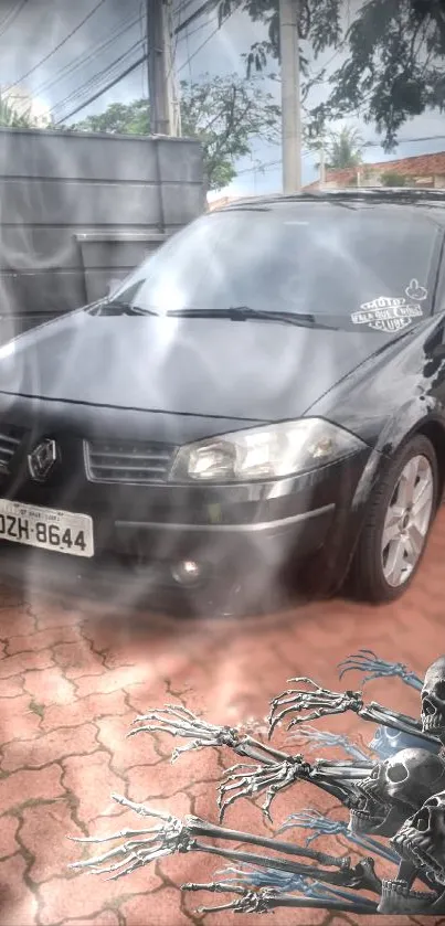 Black car with smoke and robotic design.