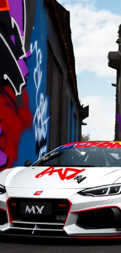 Sports car parked against a vibrant graffiti wall in an urban setting.