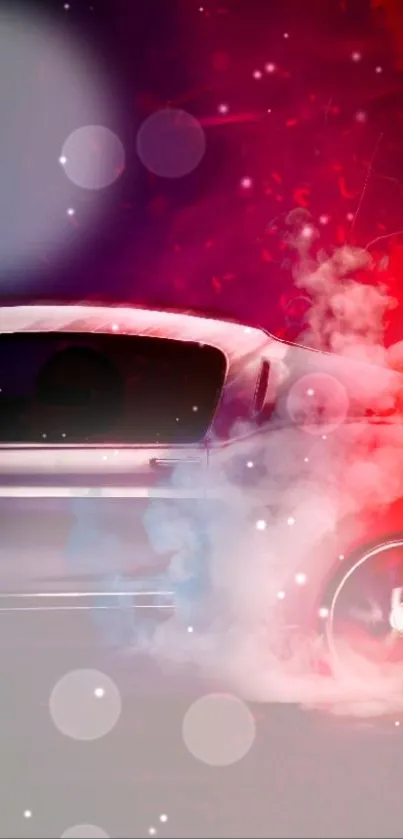 Sleek car with vibrant red and white smoke effect.