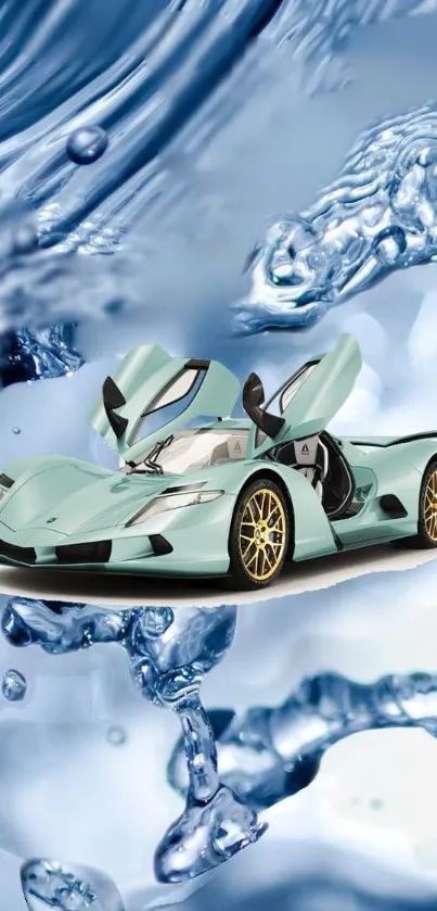 Sleek sports car with open doors and water splash in the background.