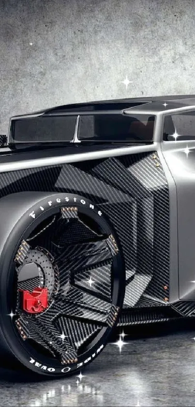 Sleek carbon fiber sports car on gray background.