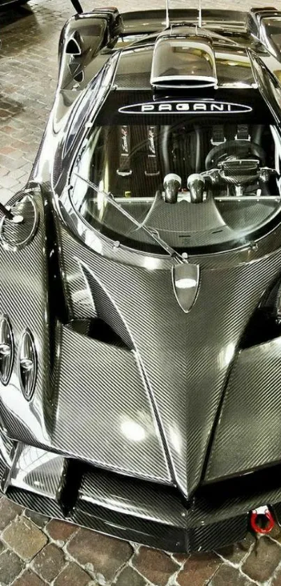 Carbon fiber supercar in garage, sleek design.