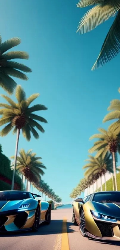 Sports cars driving under palm trees on a sunny road.