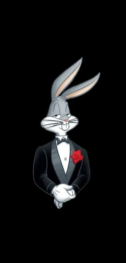 Cartoon character in tuxedo on black background.