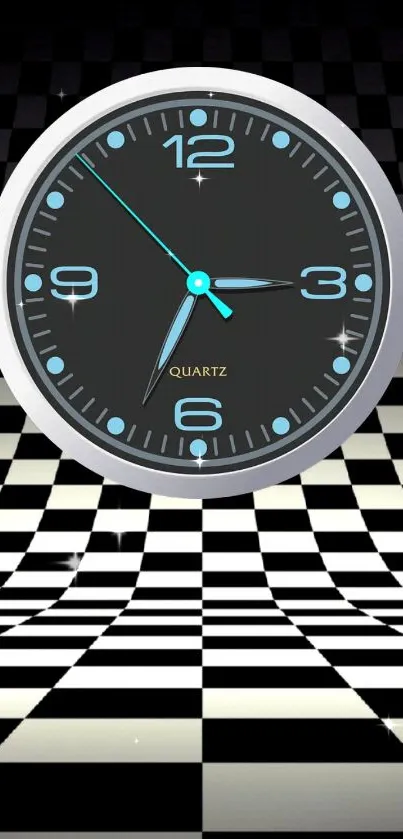 Checkerboard pattern with futuristic clock design.