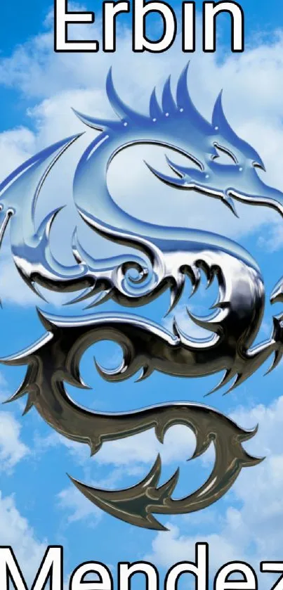 Chrome dragon design on a blue sky background mobile wallpaper.